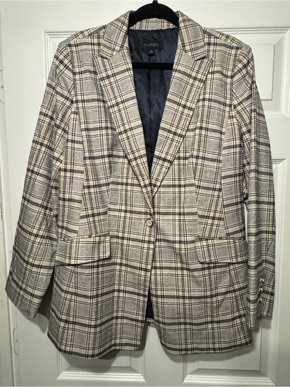 Talbots Women's Sz 14 Beige Plaid Single-Button Blazer